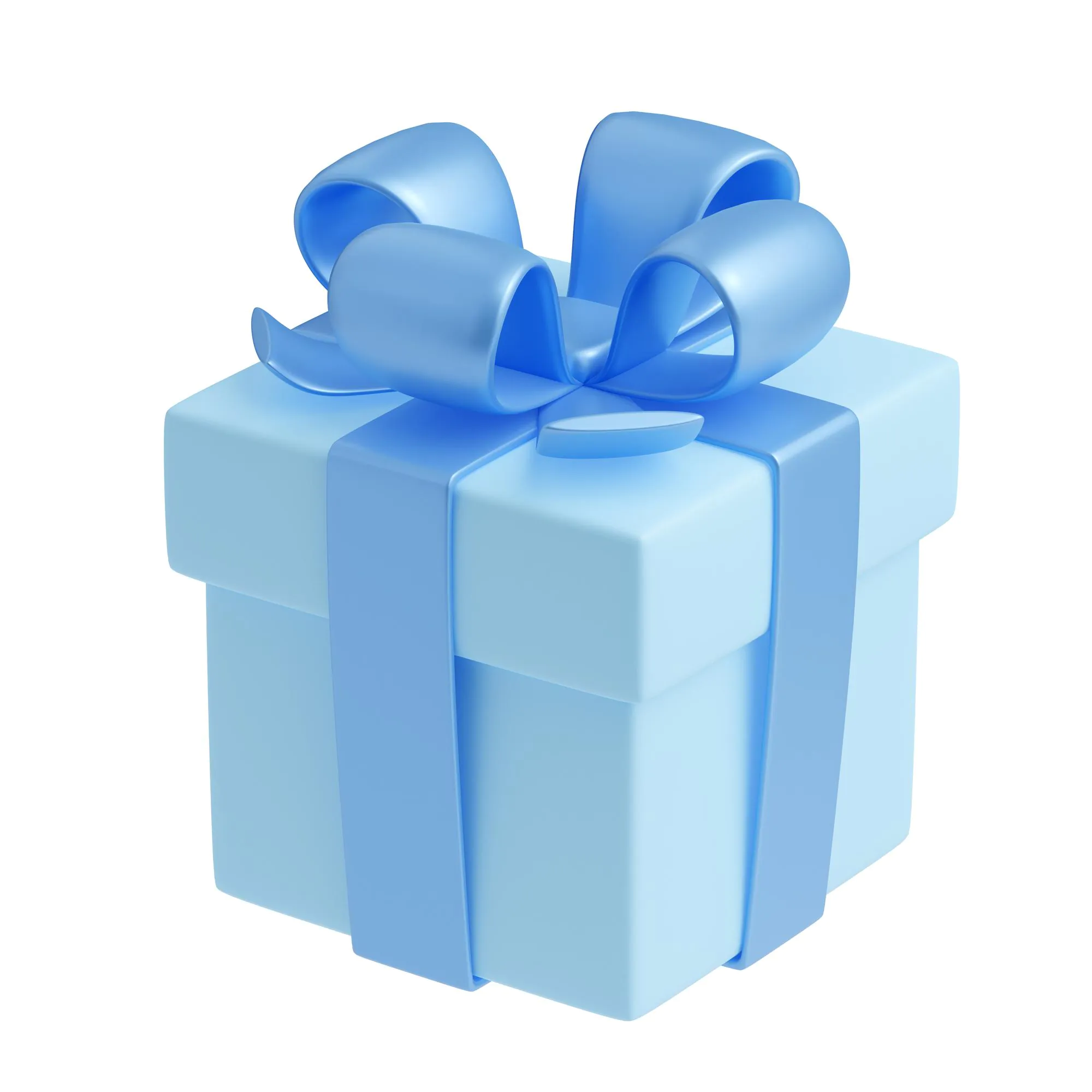 A high-quality 3D render of a square gift box in a monochromatic light blue color. The box is tied with a matching blue satin-like ribbon that forms a large, decorative bow on top. The image is set against a plain white background with soft shadows.