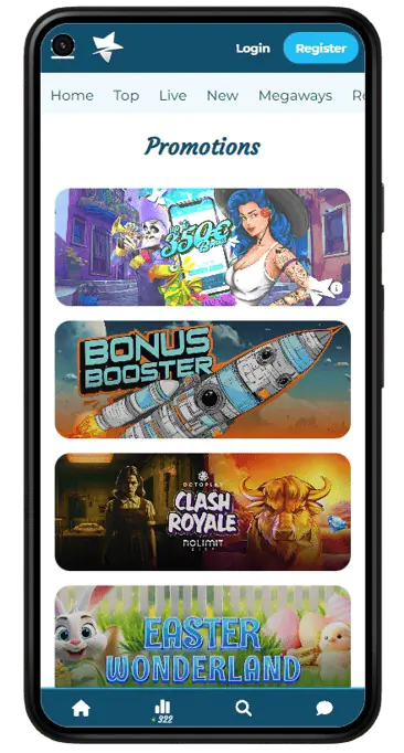 A mobile smartphone interface displaying the "Promotions" page of a casino. Four vertical banners are visible: a welcome offer featuring a woman and a skeleton character, a "Bonus Booster" featuring a space rocket, a "Clash Royale" banner with a bull icon, and an "Easter Wonderland" banner with a cartoon rabbit and chick. The bottom navigation bar has icons for home, statistics, search, and chat.