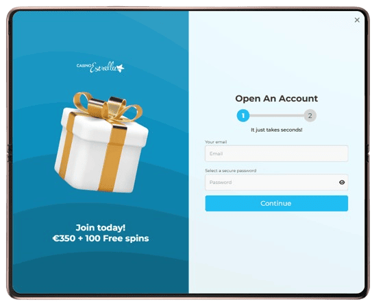 A two-paneled "Open An Account" registration window for Casino Estrella. The left panel is blue and features a white gift box with a gold ribbon and the text "Join today! €350 + 100 Free spins". The right panel is white and contains a two-step signup form with fields for "Your email" and "Select a secure password," followed by a blue "Continue" button.