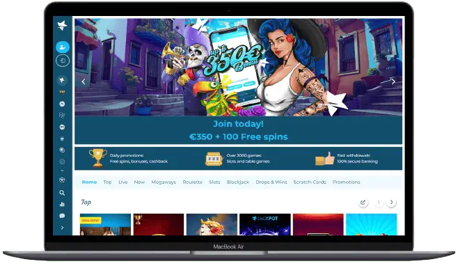 A MacBook Air showing the "Casino Estrella" homepage with a large central banner. The banner features festive characters and a smartphone displaying a "€350 + 100 Free spins" welcome offer. Below the banner, three informational icons highlight "Daily promotions," "Over 3000 games," and "Fast withdrawals". The main navigation bar includes links for "Live," "Megaways," and "Promotions".