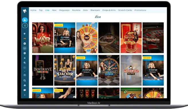 A MacBook Air displaying the "Live" casino section of a gambling website. The page features a grid of live dealer game tiles, including "War of Bets," "SkyLounge Roulette Royale," "Crazy Time," "Lightning Roulette," and "Monopoly Live". A blue sidebar on the left contains various navigation icons, and the top header includes categories like "Home," "Top," "Slots," and "Blackjack".