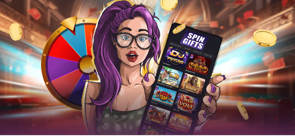 Three horizontally aligned promotional banners for various casino events. The first banner on the left features a white rabbit mascot with a top hat overflowing with gold coins for a "Drops Frenzy Fest". The center banner shows a comic-style illustration of a woman with purple hair holding a smartphone displaying "Spin Gifts" against a backdrop of a spinning prize wheel and flying gold coins. The third banner on the right features a white lion and a red-bearded explorer character in a jungle setting for "Spinoleague".